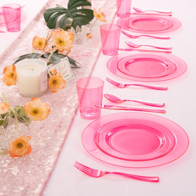 WDF 25 Guest Pink Plates with Pink Plastic Silverware&Pink Cups-Neon Clear Disposable Dinnerware include 50 Plates,25Forks, 25 Knives, 25 Spoons,25 Plastic Cups for Party and Baby Shower - Image 5